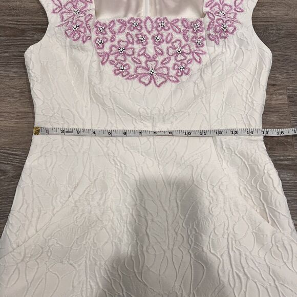 Pamella Roland White Beaded 100% Silk Made In The USA Size 4 Embossed Dress - Picture 12 of 14